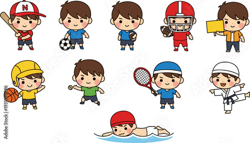Adorable Kids in Various Sports Uniforms Playing Baseball, Soccer, Football, Tennis, Swimming, and More