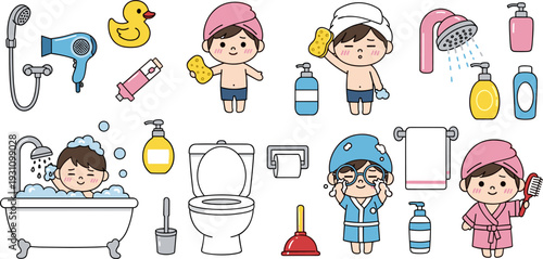 Cartoon Bath Time Elements with Kids, Soap, Shower, Towel, Shampoo, and Bathroom Accessories for Children's Designs and Illustrations