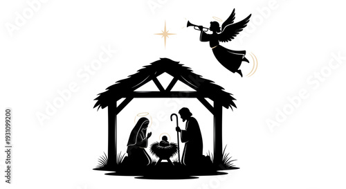 Nativity Scene Silhouette with Angel and Star