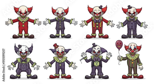 Set of Creepy Clown Characters - Horror, Circus, Halloween Icons