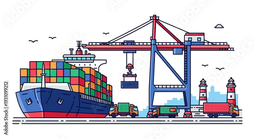 Large cargo ship with colorful containers.