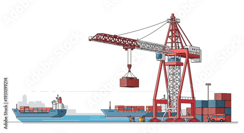 Large red crane loading cargo ship.