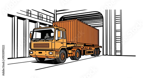 Large orange truck with trailer attached.