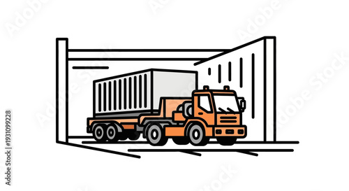 Large orange truck with trailer attached.