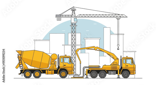 Cement mixer and concrete pump trucks.