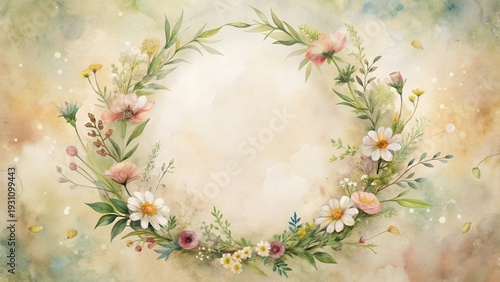 A Delicate Watercolor Wreath of Wildflowers Arranged in a Circular Frame on a Softly Textured Background