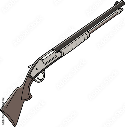 Pump‑action shotgun illustration vector with brown stock, ribbed fore‑end and metallic barrel in cartoon firearm design