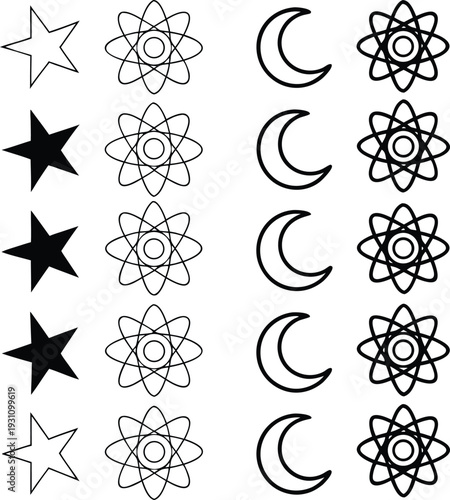Pattern recognition puzzle vector illustration with stars, atomic symbols and crescent moons in logical sequencing rows
