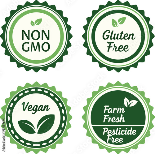 Food labels vector illustration with non GMO, gluten free, vegan, farm fresh and pesticide free badges in green natural design