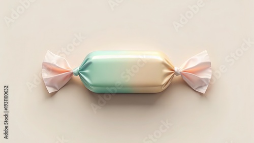 Pastel candy wrapper, elegantly tied, showcasing a smooth, gradient design, perfect for confectionery branding and packaging concepts.