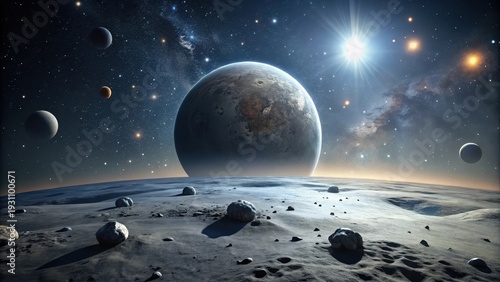 A Majestic Celestial Landscape An Exoplanet Dominates the Horizon, Illuminated by a Brilliant Star System, with Scattered Moons and Asteroids in the Dark Expanse of Space