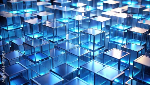 Abstract Glowing Blue Cubes Illuminated in a Complex Geometric Arrangement