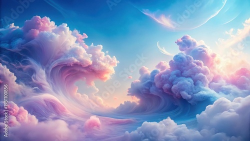 Whimsical Pastel Cloudscape A Dreamlike Celestial Wave of Soft Hues and Serene Atmosphere