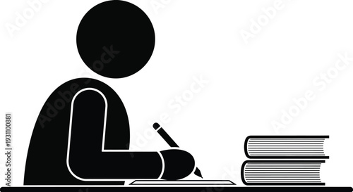 Stick figure silhouette of a student writing diligently at a desk beside a small stack of thick textbooks.