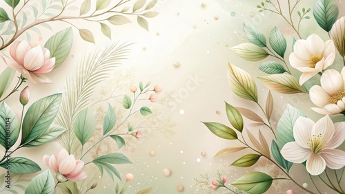 Elegant Botanical Illustration Featuring Delicate Floral Arrangements and Lush Greenery on a Soft, Neutral Background