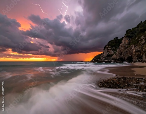 A serene beach at sunset with rugged cliffs and stormy clouds