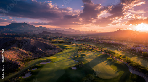 A serene golf course nestled in a valley at sunset mountains in the background