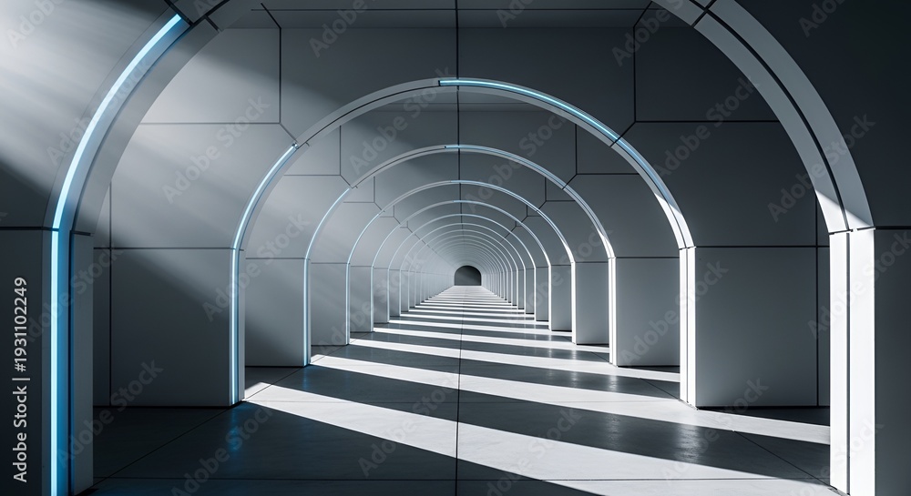 Fototapeta premium Futuristic tunnel with glowing blue arches leading to the distance
