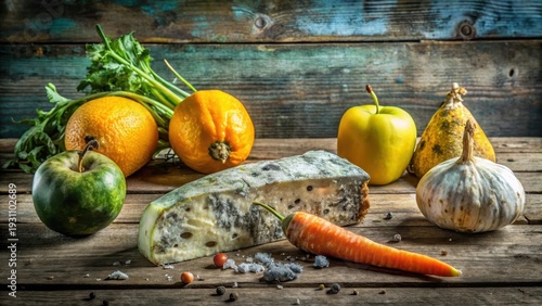 A Still Life Featuring Spoiled Produce and Moldy Dairy on Rustic Wood