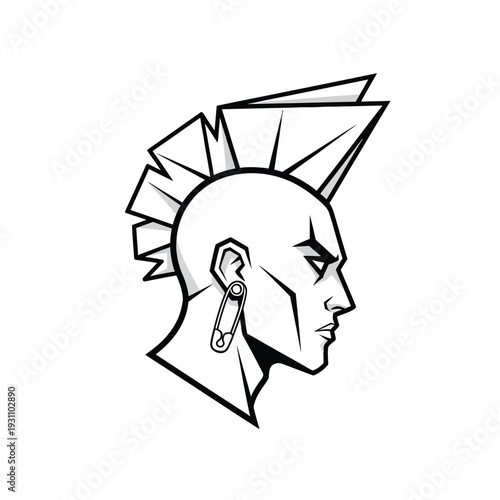 Stylized Punk Rocker Profile Vector Illustration with Mohawk and Safety Pin Earring - Black and White Counterculture Icon