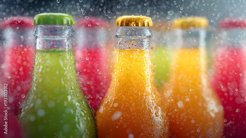 A refreshing row of colorful soda bottles condensation on a cool background
