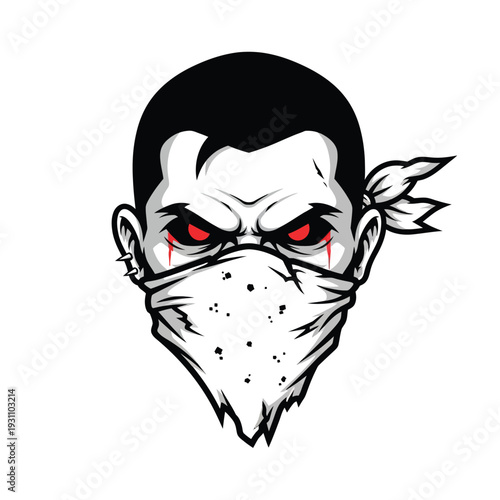 Intense Masked Rebel with Glowing Red Eyes and Bandana. Aggressive Urban Character Design for Apparel, Gaming, and Street Art Concepts.