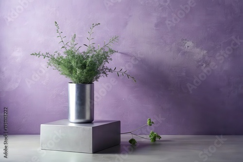 Silver vase with green plants on a gray pedestal against a purple wall