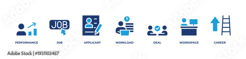 Corporate Leadership Success Icons set vector illustration blue with TASK DONE, JOB INTERVIEW, EMPLOYEES, TASK, MEETING, COMPANY, LEADER