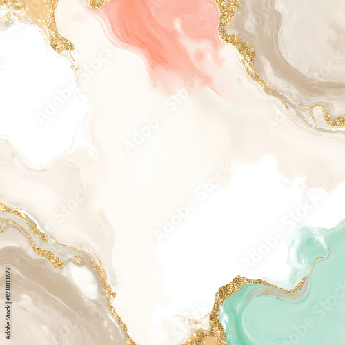 Soft pastel hues swirl together in an elegant dance, showcasing the fluid beauty of the alcohol ink technique. Golden accents add a stunning touch to this serene artwork Generative AI