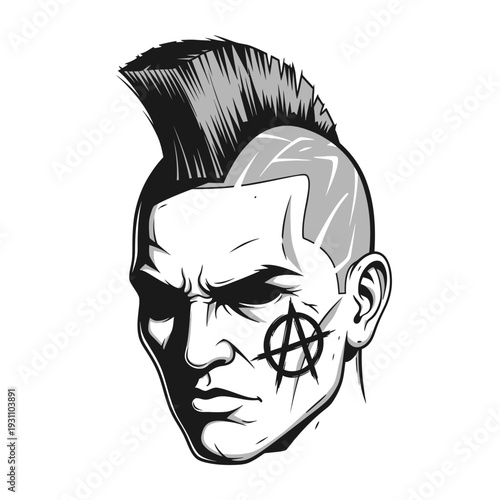 Defiant Punk Rocker with Mohawk and Anarchy Symbol Tattoo Illustration
