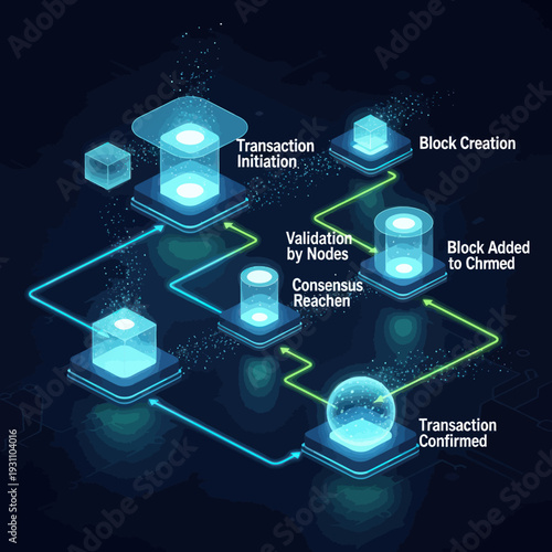 Blockchain Process Illustrated with Glowing Blocks.