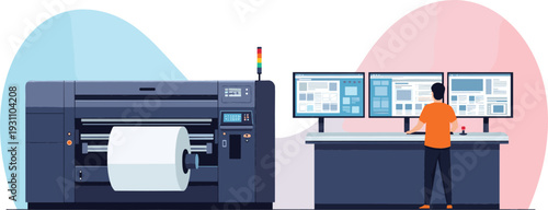 Industrial large format digital printing press with paper roll and technician operating computer control station vector illustration