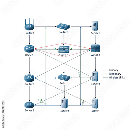 Network Diagram Showing Routers Servers Switches.