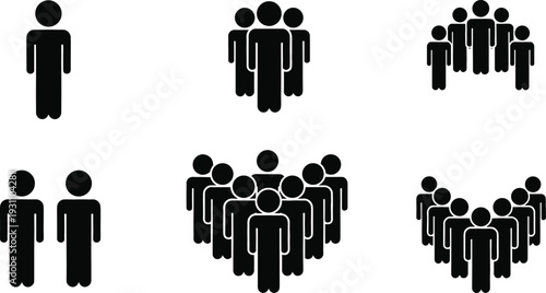 Black silhouette vector icon set of single persons and diverse group formations for business and social structure