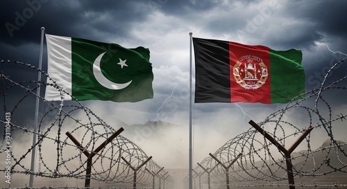 Bilateral relations between Pakistan and Afghanistan depicted by their national flags separated by a barbed wire fence symbolizing border control and geopolitical tension