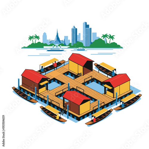 Floating Village with Houses and Boats.