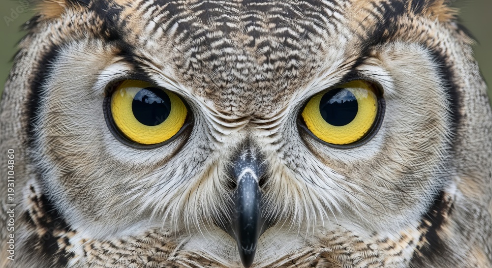 Obraz premium Frontal view of a captivating owl with striking yellow eyes and detailed plumage, a powerful nocturnal hunter bird captured up close in nature.