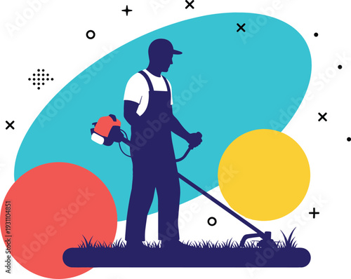 Silhouette of professional landscaper using string trimmer on lawn with modern geometric pop art background for gardening services