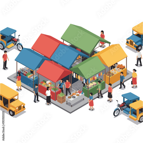 Colorful Street Market Scene with Vendors.