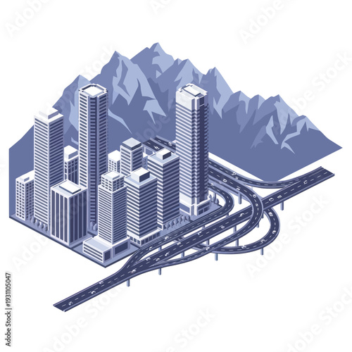 3D Cityscape with Skyscrapers and Highway.