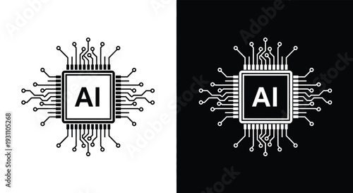 AI Microchip Processor Vector Icon Set Black and White