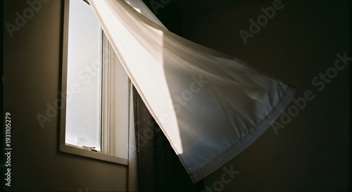 Emotional Realism Photography Window Curtain Blowing in Wind – Sensory, Moody Atmosphere Image