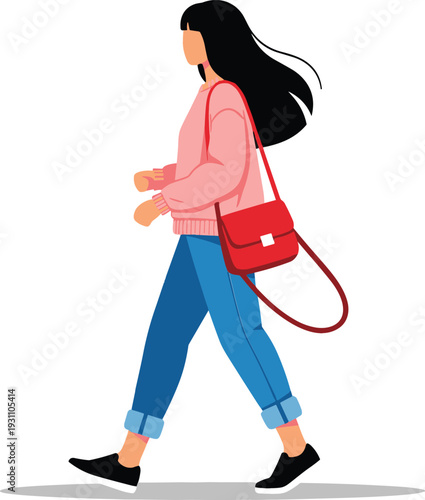 Flat vector illustration of a young woman with long dark hair walking in pink sweater and blue jeans
