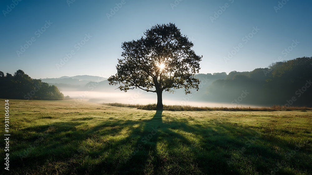 Obraz premium Lone tree silhouette casts a long dark shadow across a dew covered field under bright morning.