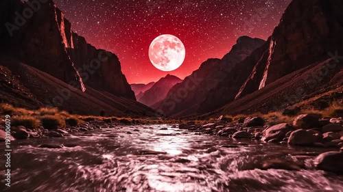 Red full moon over mountain river in surreal canyon at night
