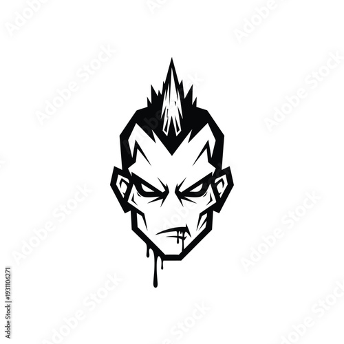 Aggressive Punk Rock Mohawk Head Mascot Logo Design - Fierce Stylized Character with Dripping Mouth for Urban & Gaming Themes