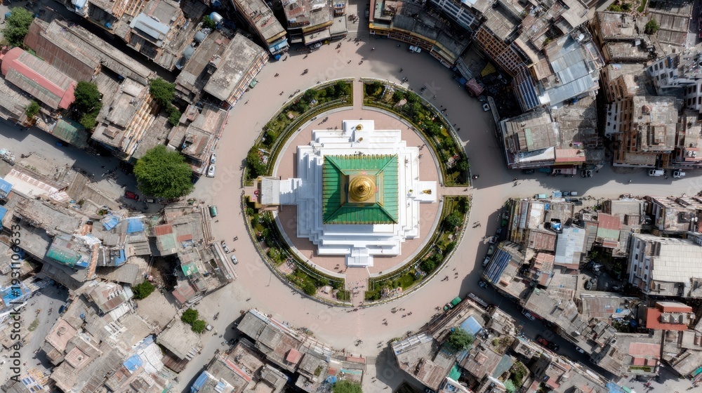 Fototapeta premium Aerial View of Urban Center with Pagoda and Streets in Circular Layout Surrounded by Buildings and Residential Areas