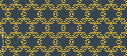 Elegant seamless pattern with golden geometric star and diamond shapes on a dark charcoal backdrop