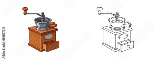 Cinnamon grinder shown in colored cartoon and black outline styles using brown and grey colors representing a vintage spice mill isolated on a plain white background