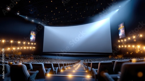 Modern cinema interior with spacious seating and a large projector screen illuminated by ambient lights